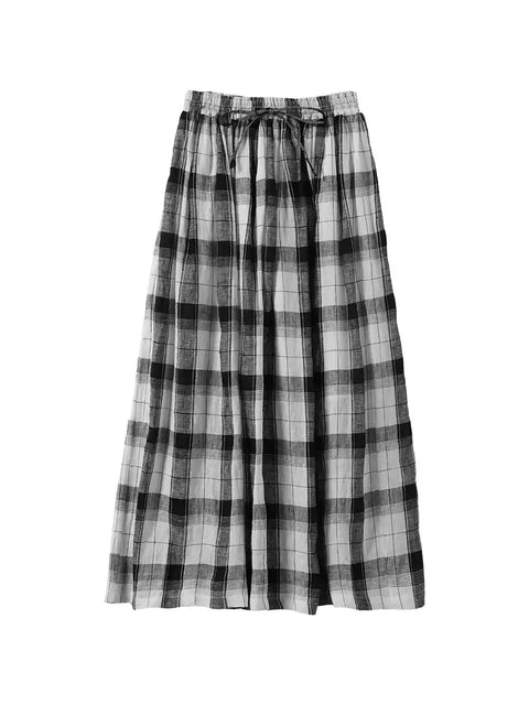 Women Summer Retro Plaid Loose 100%Linen Skirt