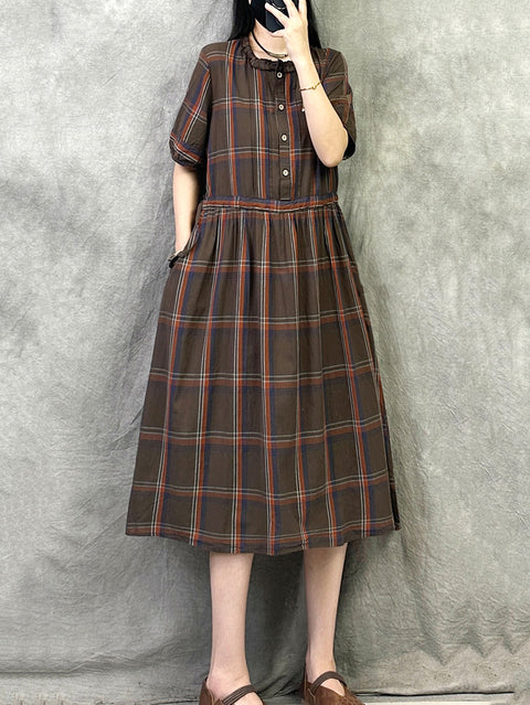 Women Summer Retro Plaid Cotton Loose Dress