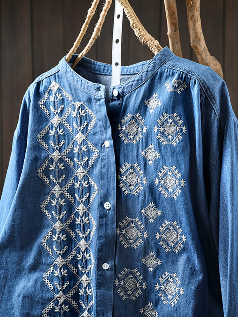 Women Spring Ethnic Embroidery 100%Cotton Shirt