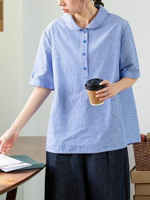 Women Summer Artsy Stripe Cotton Linen Shirt