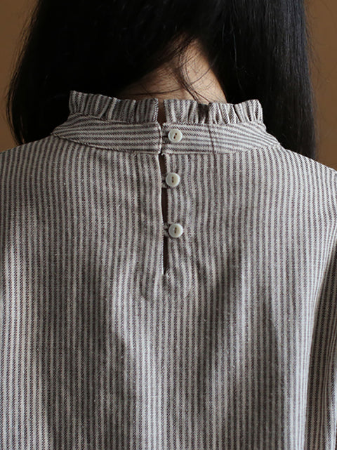 Women Summer Stripe Cotton Linen Lace Collar Shirt