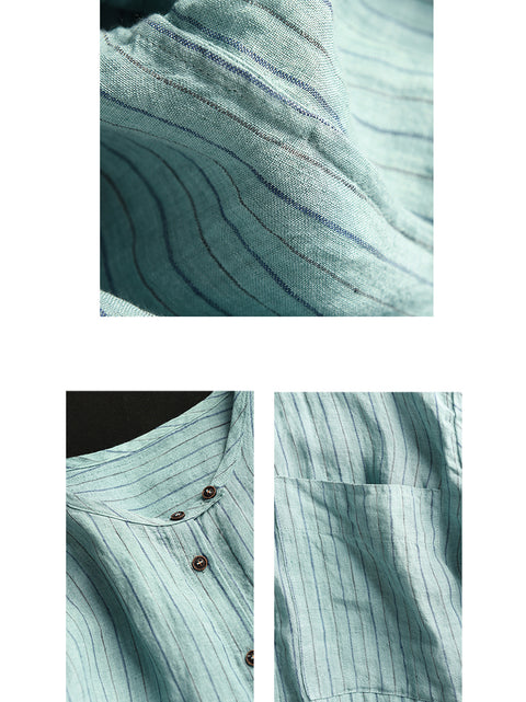 Women Spring Artsy Stripe 100%Linen O-Neck Shirt