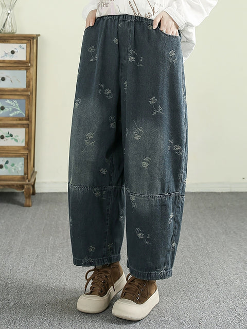 Women Spring Retro Jacquard Denim Spliced Pants