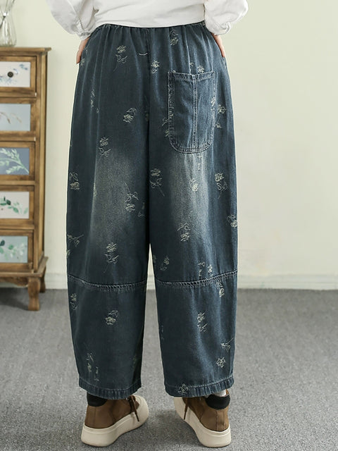 Women Spring Retro Jacquard Denim Spliced Pants