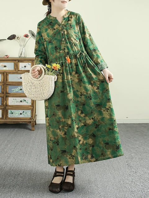 Women Vintage Flower Cotton V-Neck Loose Dress