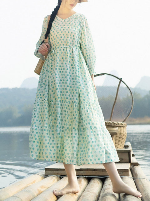 Women Summer Dot V-Neck Linen Loose Dress