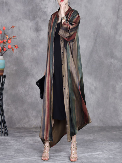 Women Spring Stripe Irregular Hem Stand Collar Long Coat