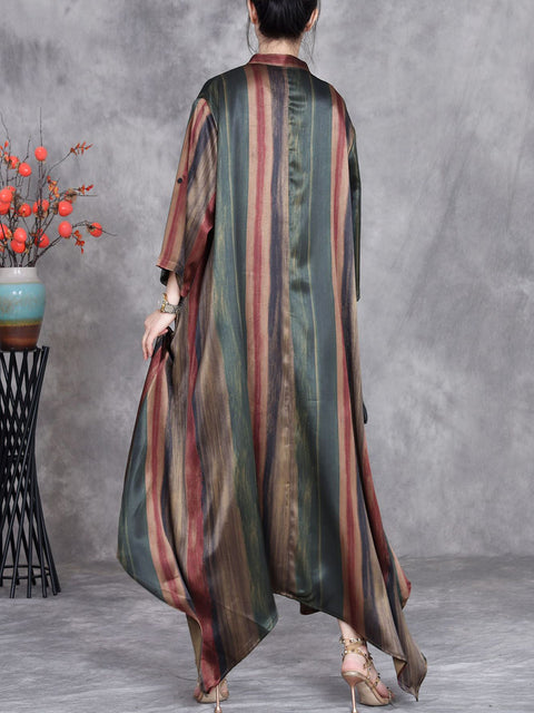 Women Spring Stripe Irregular Hem Stand Collar Long Coat