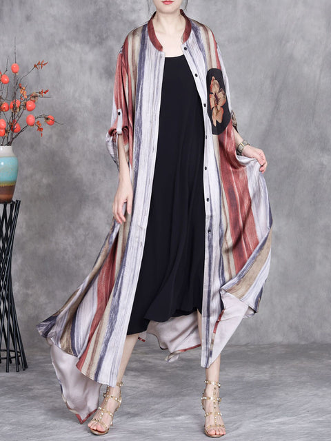 Women Spring Stripe Irregular Hem Stand Collar Long Coat