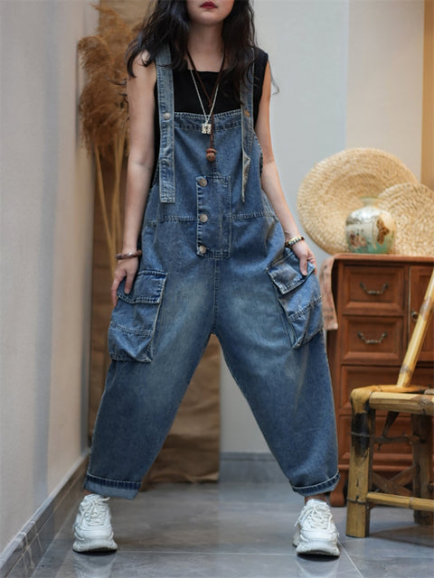 Women Summer Vintage Pure Color Denim Loose Jumpsuits