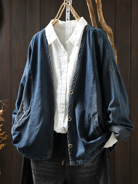 Women Vintage Spring V-Neck Denim Shirt Coat