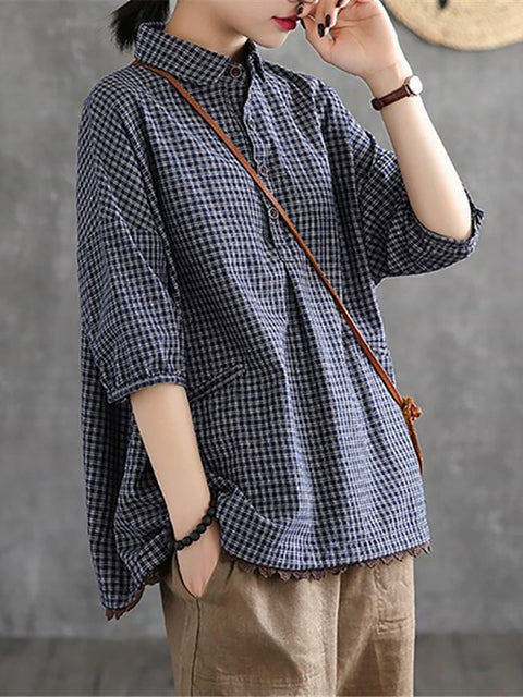 Women Summer Vintage Plaid Turn-down Collar Shirt