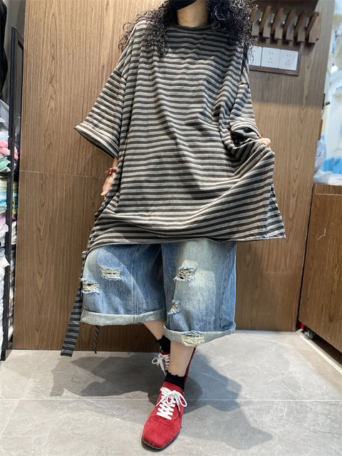 Women Spring Casual Stripe O-Neck Loose Cotton Shirt