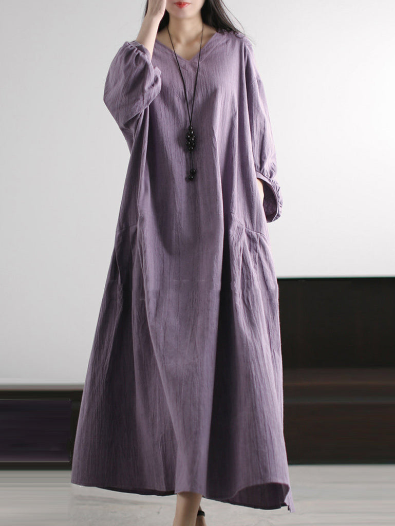knee length dresses for ladies National Chinese V-neck Cotton Linen Dress – Buddhatrends