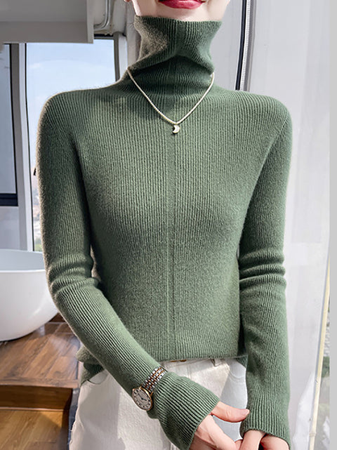 Women Autumn Casual Turtleneck 100%Wool Soft Sweater