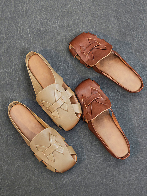 Women Vintage Genuine Leather Hollow Out Soft Slippers