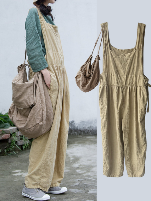 Women Summer Casual Solid Drawstring Pocket Cotton Jumpsuits