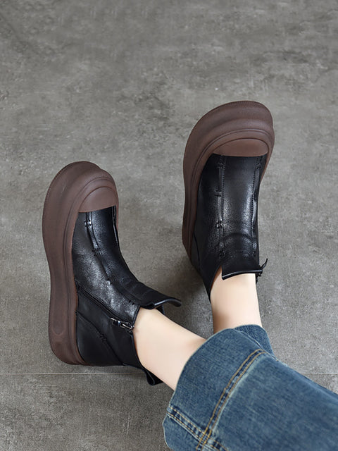 Women Winter Genuine Leather Spliced Mid-heel Boots