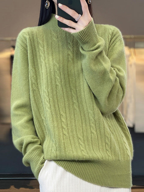 Women Autumn Solid Cable Knit 100%Wool Half Turtleneck Sweater