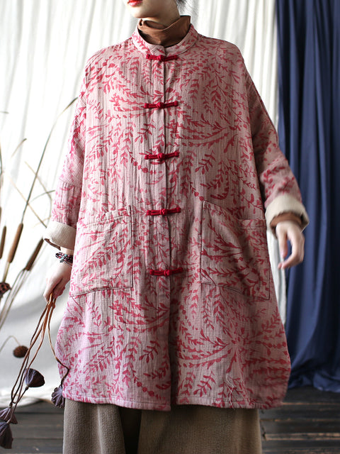 Women Ethnic Leaf Print Spring Cotton Long Shirt Coat