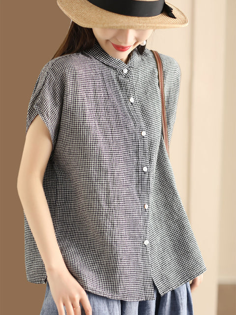 Plus Size Women Vintage Solid 100%Cotton Button-up Shirt