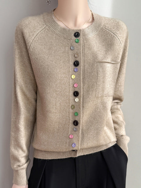 Women Autumn O-Neck Colorful Button Knit Sweater