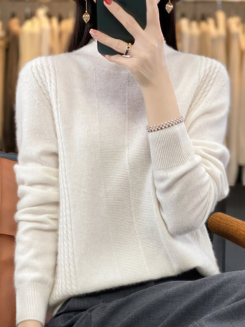 Women Autumn Half-Turtleneck Knit 100%Wool Sweater