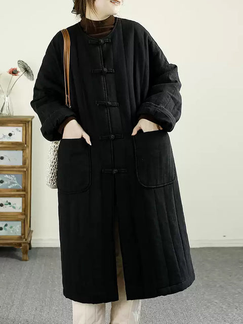 Women Ethnic Autumn Solid Cotton Padded Long Coat