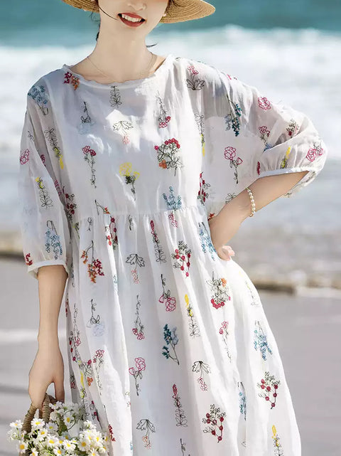 Women Artsy Summer Flower Embroidery 100%Ramie Dress