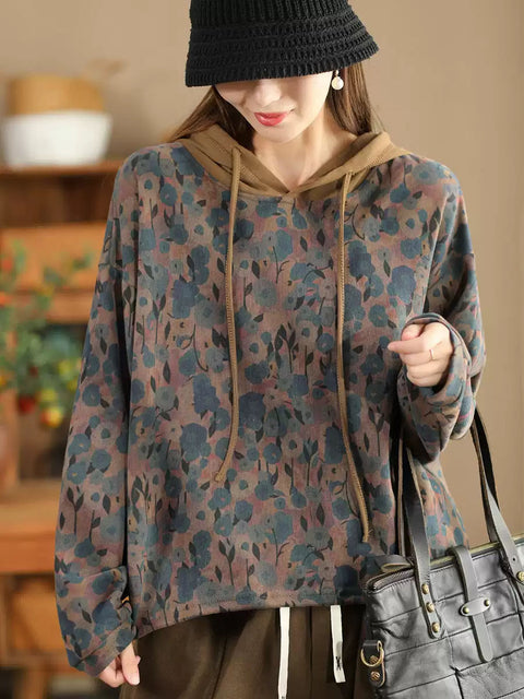 Women Casual Autumn Flower Hooded Cotton Sweatshirt