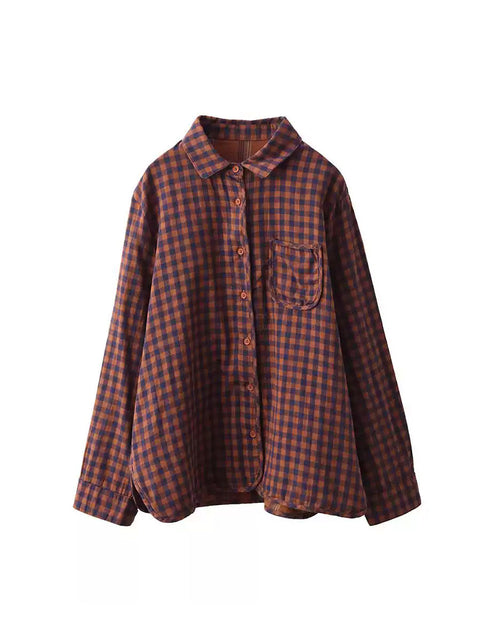 Women Spring 100%Cotton Plaid Turn-down Collar Shirt