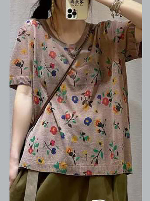 Women Casual Flower Summer Loose Pullover Shirt