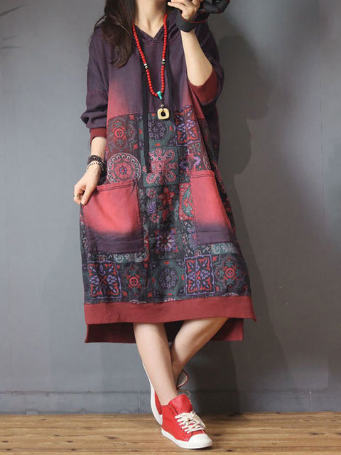 Women Vintage Flower Spliced Loose Hooded Dress