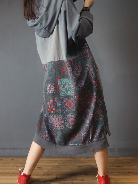 Women Vintage Flower Spliced Loose Hooded Dress