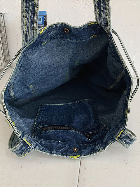 Women Vintage Solid Pocket Denim Handbag Shoulder Bag