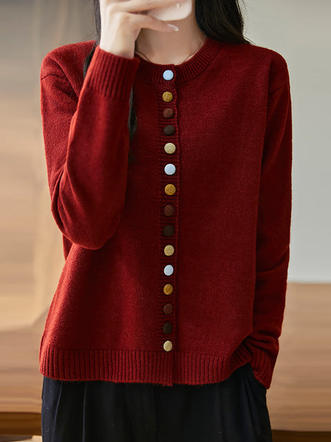 Women Autumn 100%Wool Colorful Button O-Neck Sweater