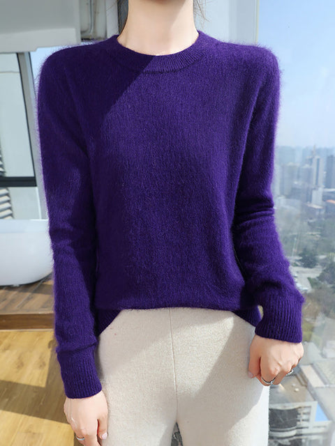 Women Autumn Casual O-Neck Soft 100%Wool Sweater