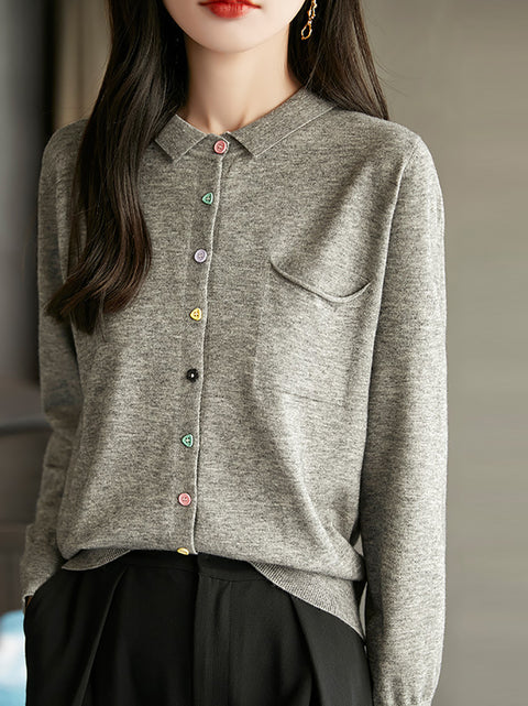 Women Spring Turn-down Collar Knit Sweater