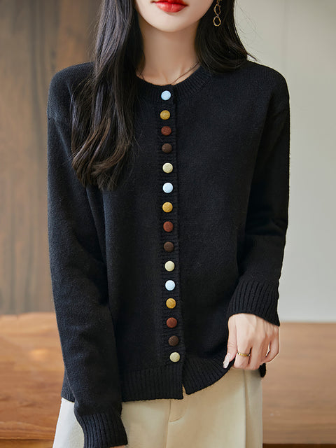 Women Autumn 100%Wool Colorful Button O-Neck Sweater