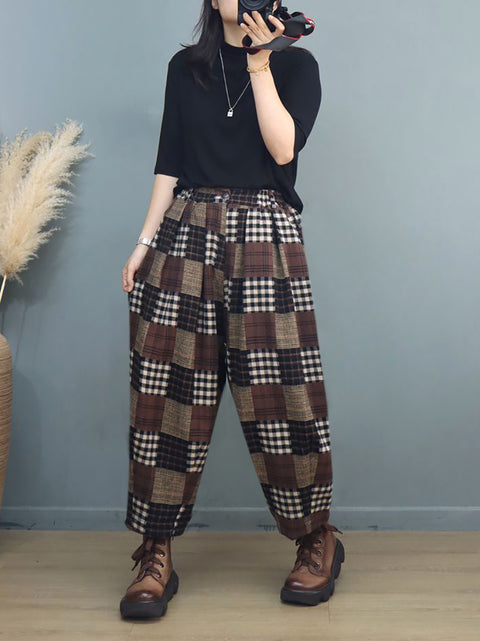 Plus Size Women Autumn Vintage Plaid Harem Pants