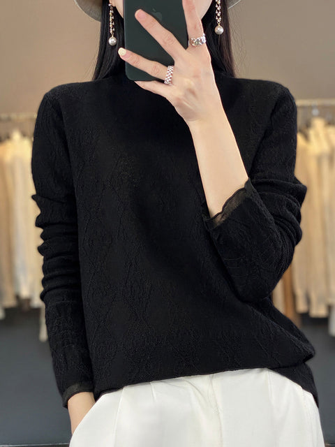 Women Autumn Lacework Knitted Half-Turtleneck Blouse