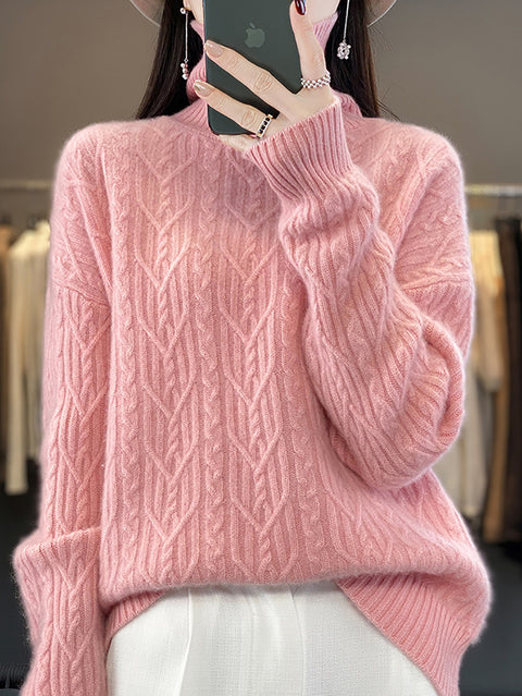 Women Autumn Twist Knit 100%Wool Turtleneck Sweater