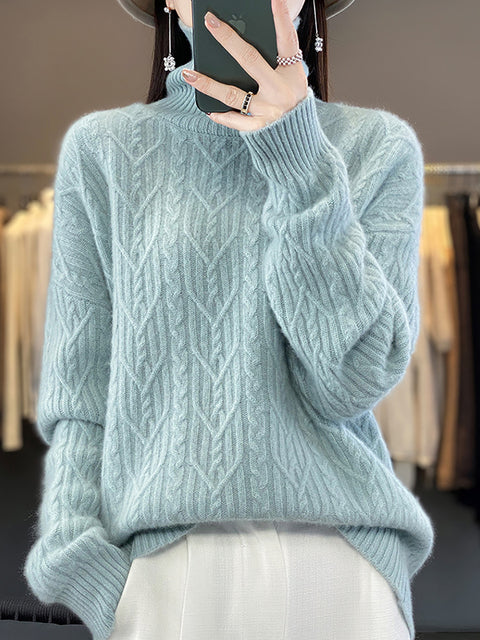 Women Autumn Twist Knit 100%Wool Turtleneck Sweater