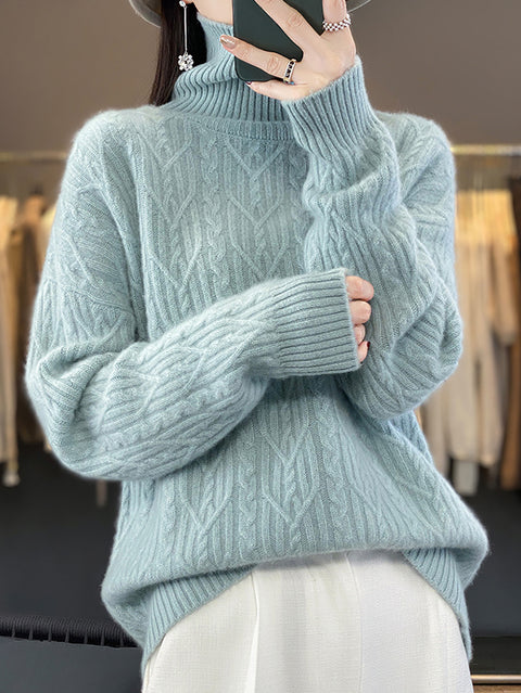 Women Autumn Twist Knit 100%Wool Turtleneck Sweater