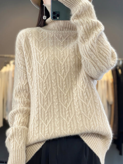 Women Autumn Twist Knit 100%Wool Turtleneck Sweater