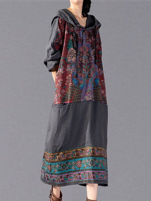 Women Ethnic Flower Spliced Long Pocket Hooded Dress