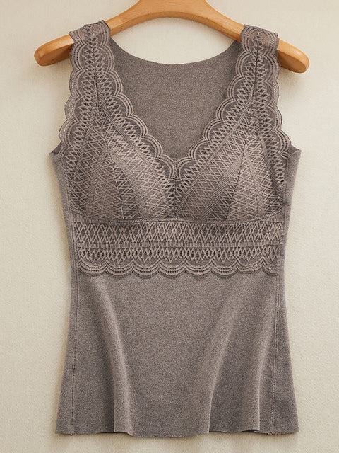 Women Winter Pure Color V-Neck Warm With Bra Pad Base