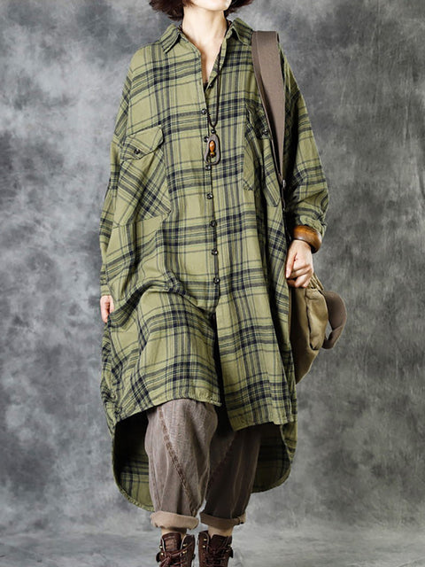 Plus Size Women Autumn Casual Pocket Plaid Coat