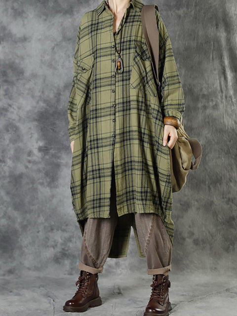 Plus Size Women Autumn Casual Pocket Plaid Coat