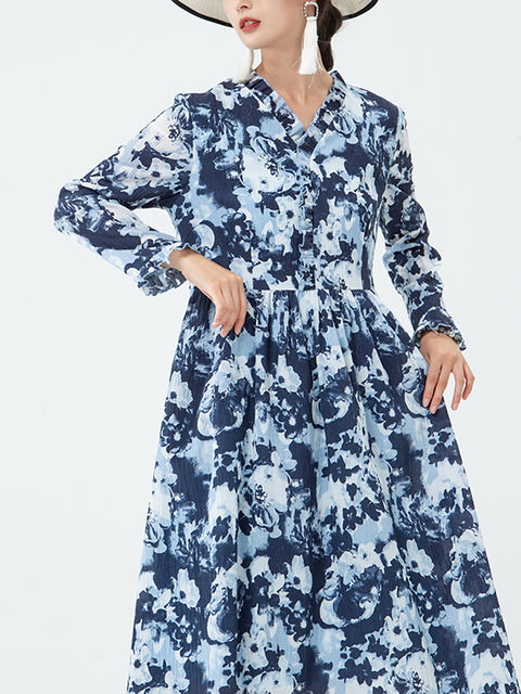 PLUS Size - Women Pocket Floral V Neck Long Sleeve Dress